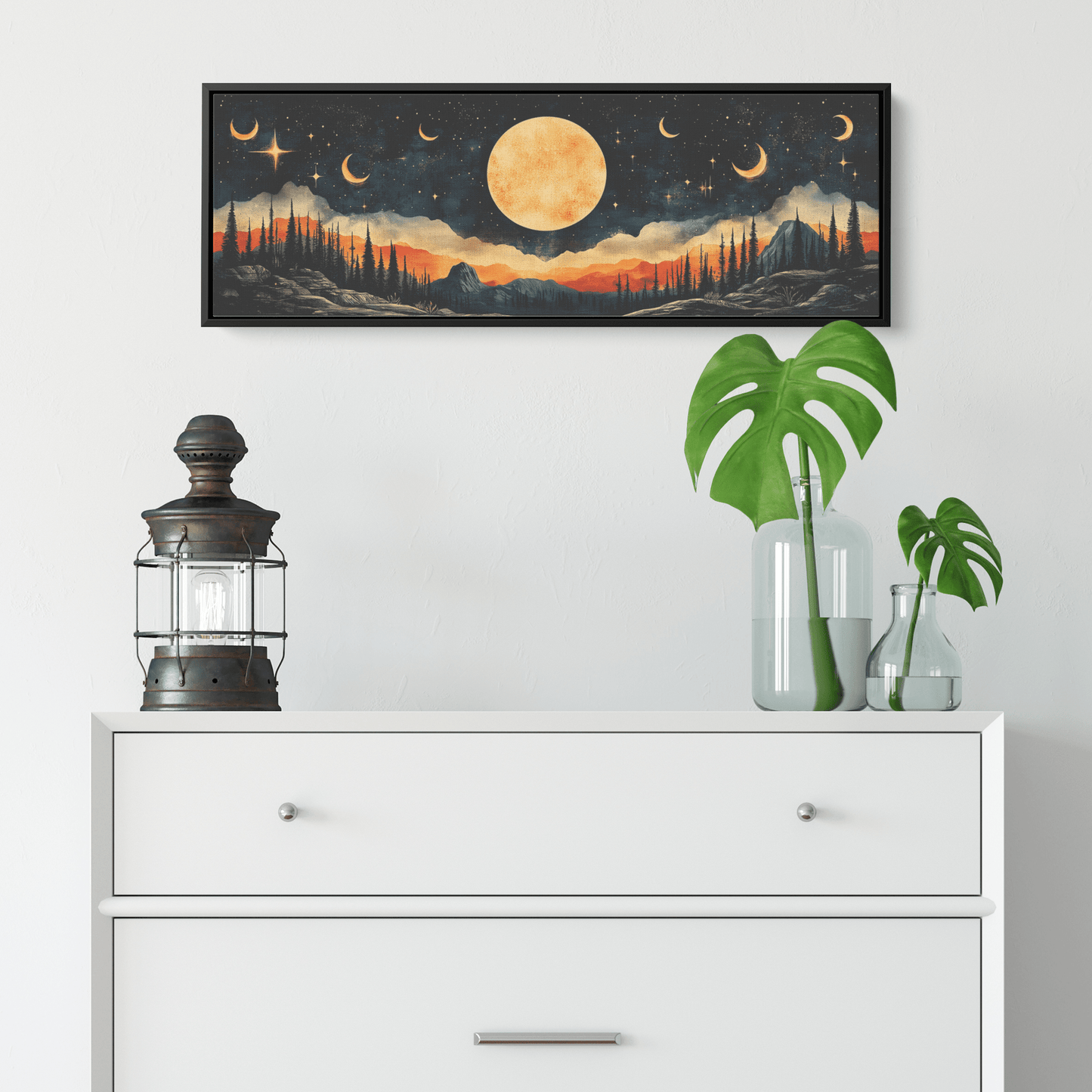 Retro Modern Pattern Crescent Moons Constellations Geometric Arches Desert Tones Ultra High Definition Panoramic Framed Canvas Wall Art - Awakening Righteousness