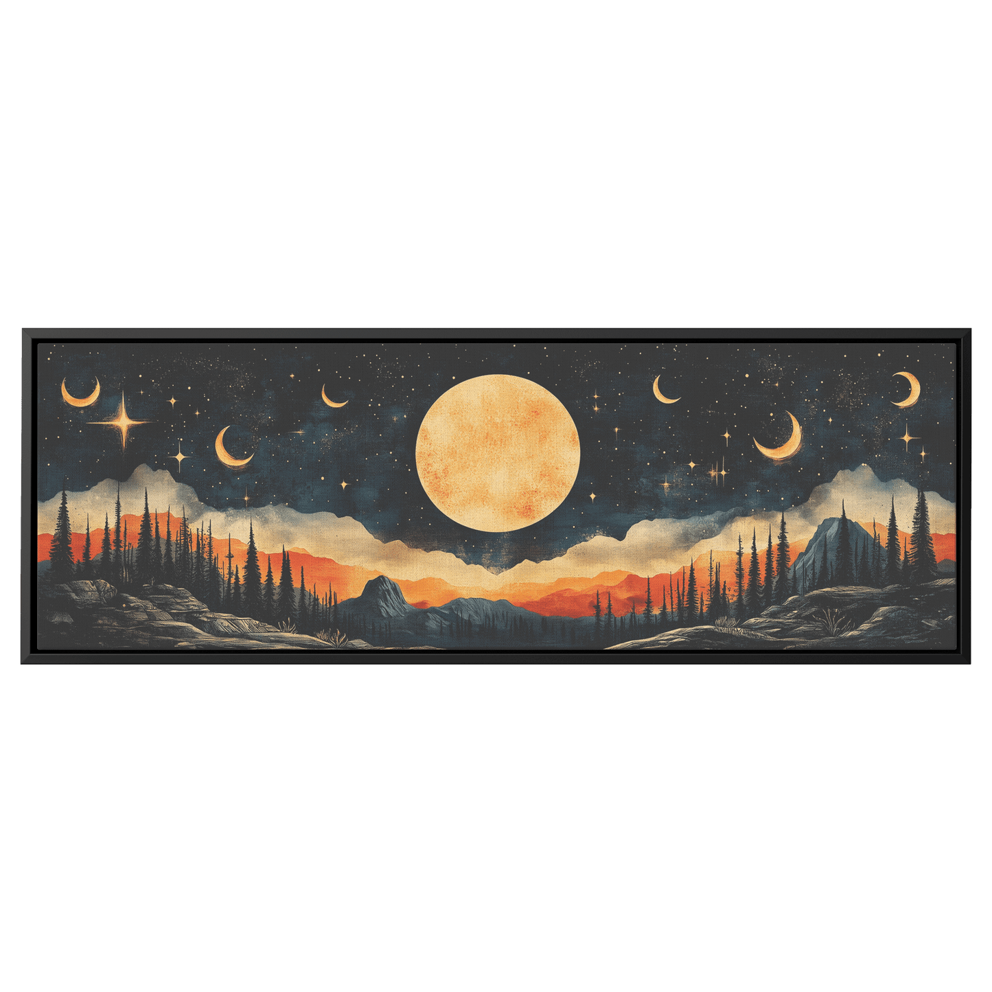 Retro Modern Pattern Crescent Moons Constellations Geometric Arches Desert Tones Ultra High Definition Panoramic Framed Canvas Wall Art - Awakening Righteousness