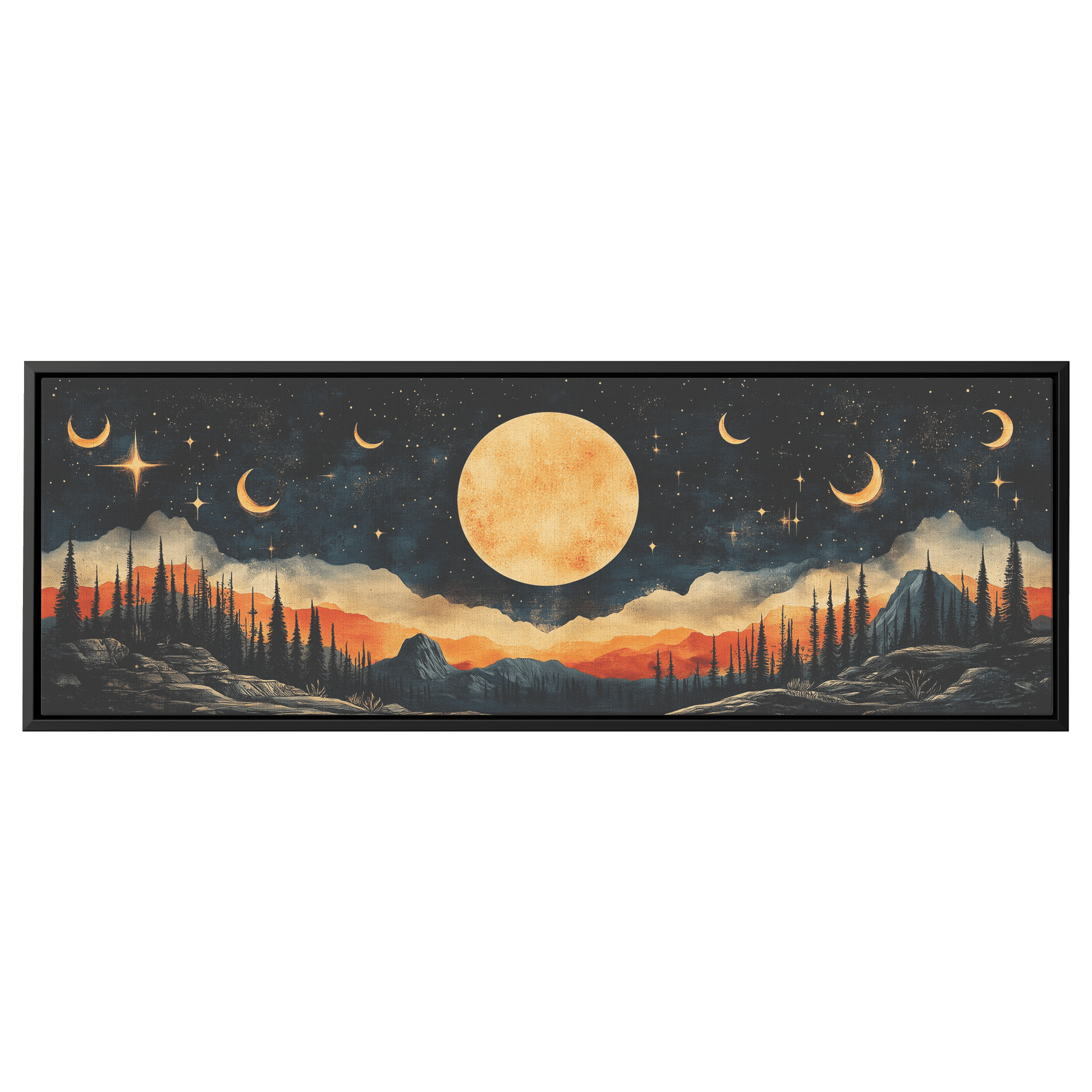 Retro Modern Pattern Crescent Moons Constellations Geometric Arches Desert Tones Ultra High Definition Panoramic Framed Canvas Wall Art - Awakening Righteousness