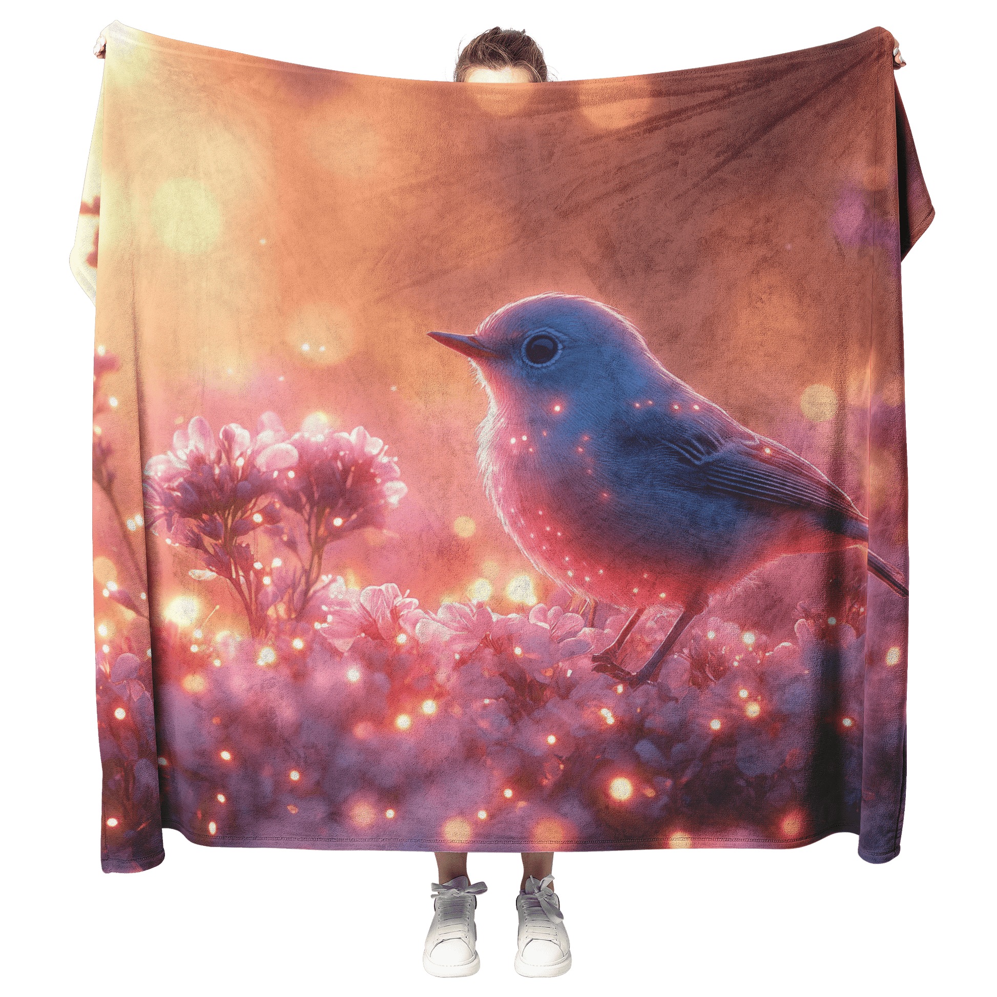 Robin Fluttering Near Glowing Flowers in Bioluminescent Garden Surrounded by Light Trails Under Twilight Skies Fleece Sherpa Blanket - Awakening Righteousness