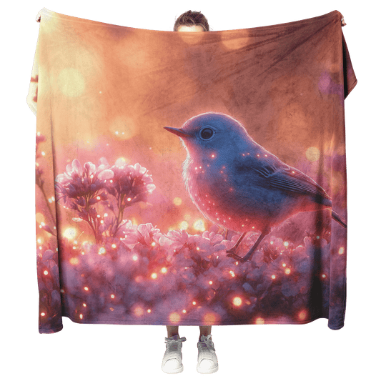 Robin Fluttering Near Glowing Flowers in Bioluminescent Garden Surrounded by Light Trails Under Twilight Skies Fleece Sherpa Blanket - Awakening Righteousness