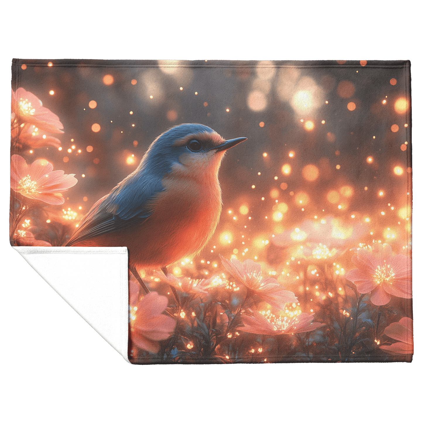 Robin Fluttering Near Glowing Flowers in Bioluminescent Garden Surrounded by Light Trails Under Twilight Skies Fleece Sherpa Blanket - Awakening Righteousness