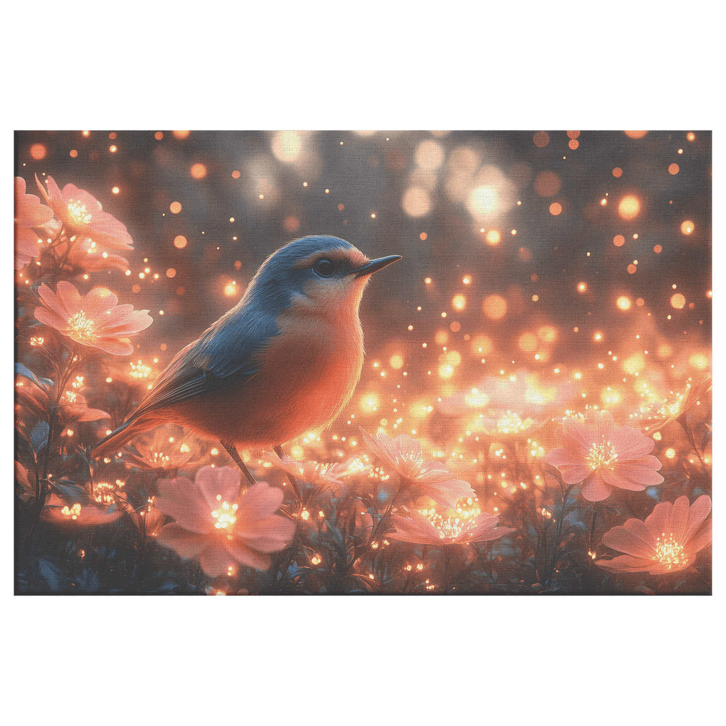 Robin Fluttering Near Glowing Flowers In Bioluminescent Garden With Light Trails Under Twilight Skies Canvas Wall Art Decor - Awakening Righteousness