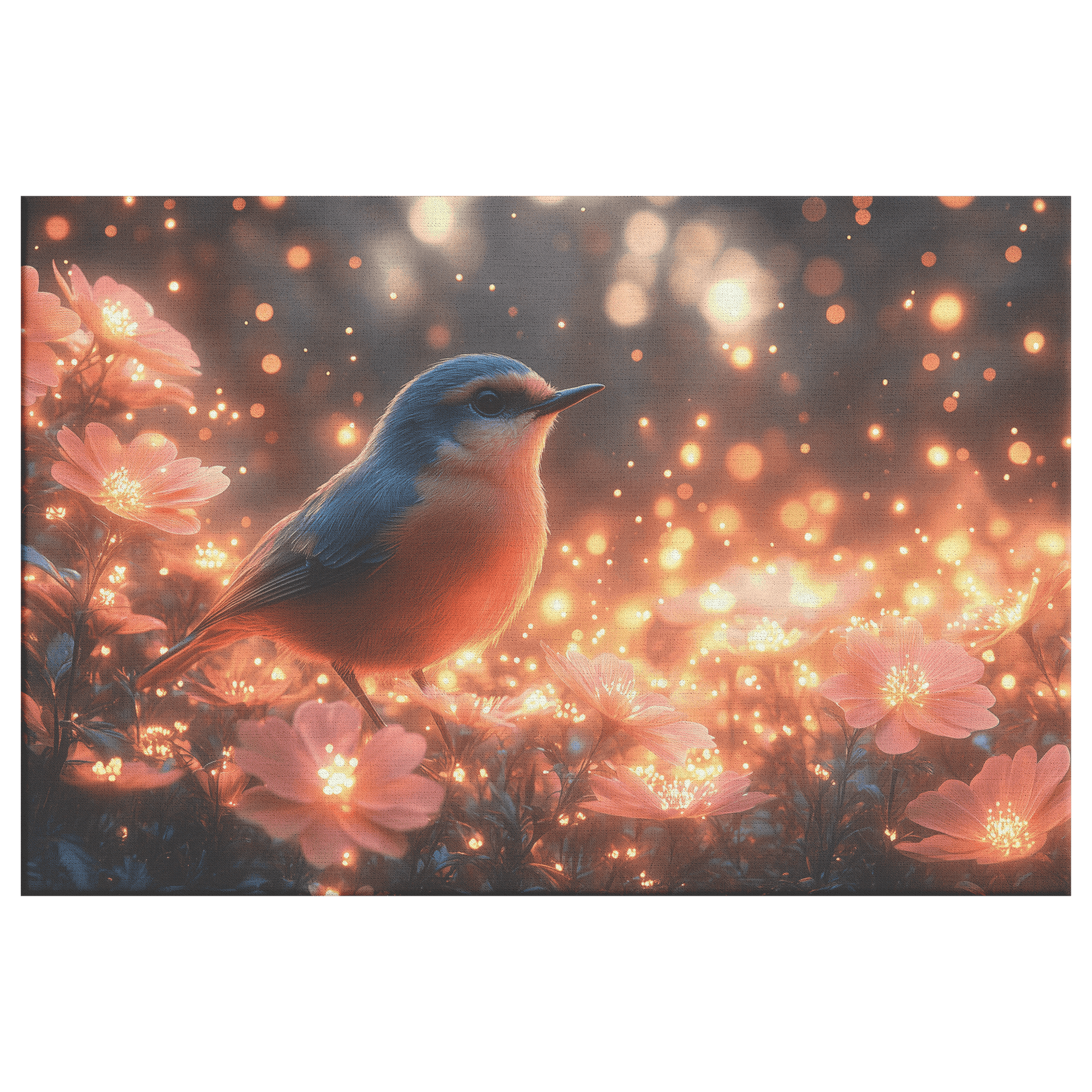 Robin Fluttering Near Glowing Flowers In Bioluminescent Garden With Light Trails Under Twilight Skies Canvas Wall Art Decor - Awakening Righteousness