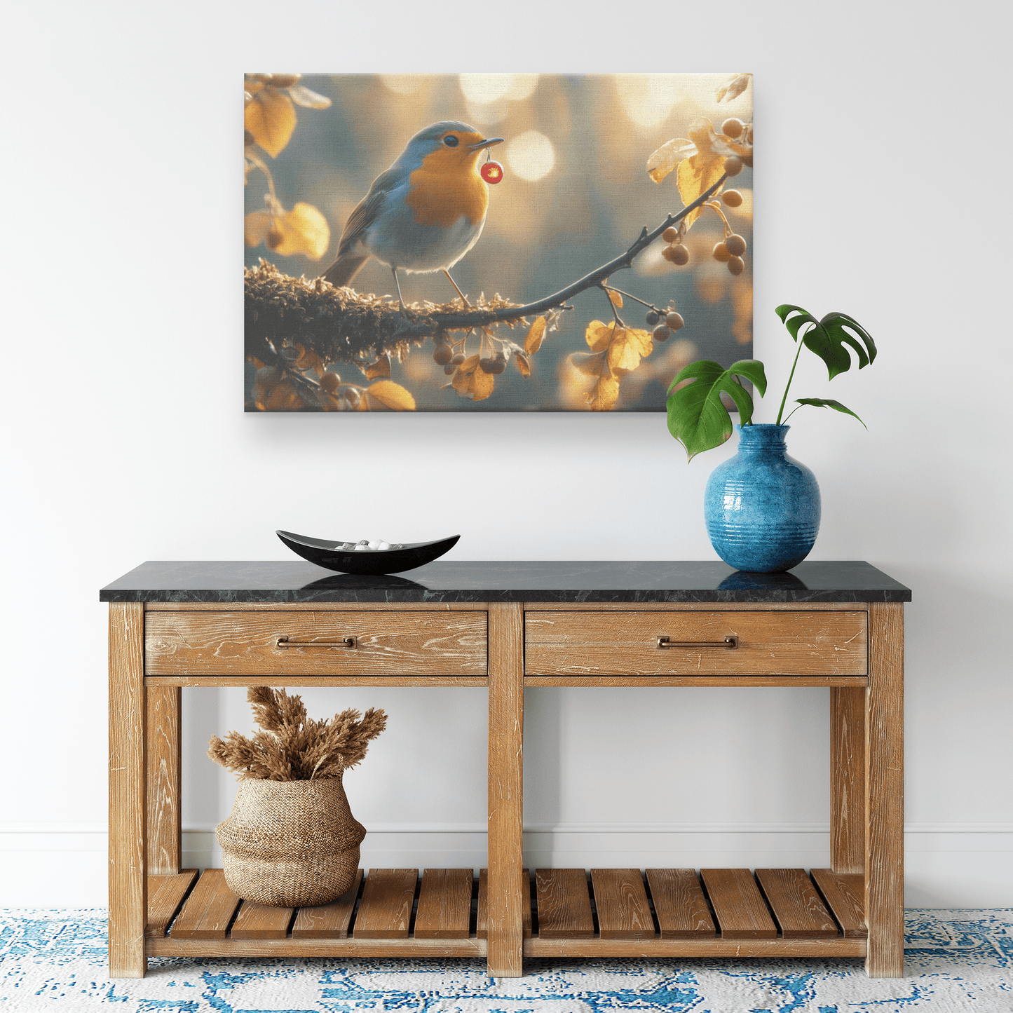 Robin Holding Glowing Berry On Mossy Branch Surrounded By Shimmering Autumn Leaves Under Soft Light Canvas Wall Art Decor - Awakening Righteousness