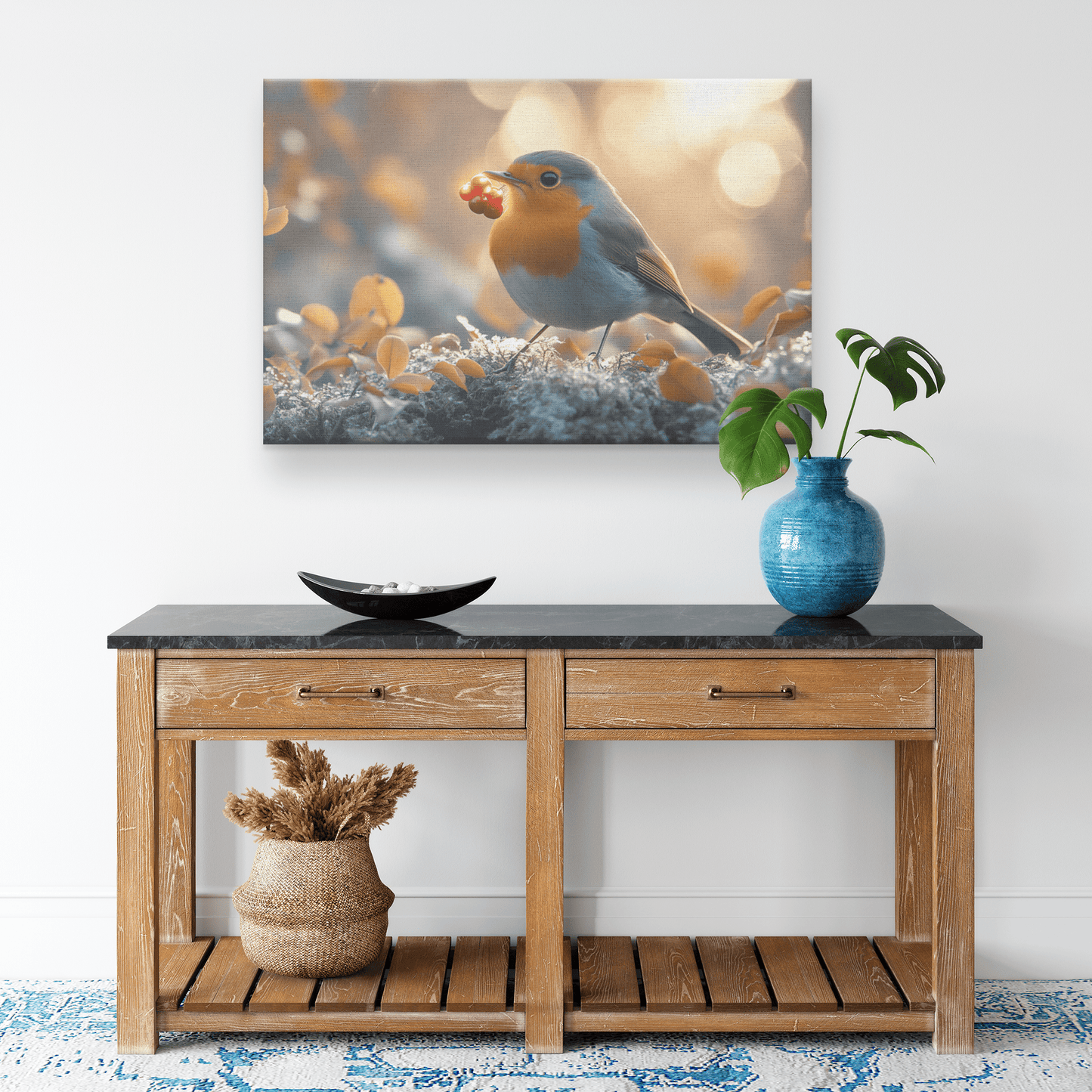Robin Holding Glowing Berry On Mossy Branch Surrounded By Shimmering Autumn Leaves Under Soft Light Canvas Wall Art Decor - Awakening Righteousness