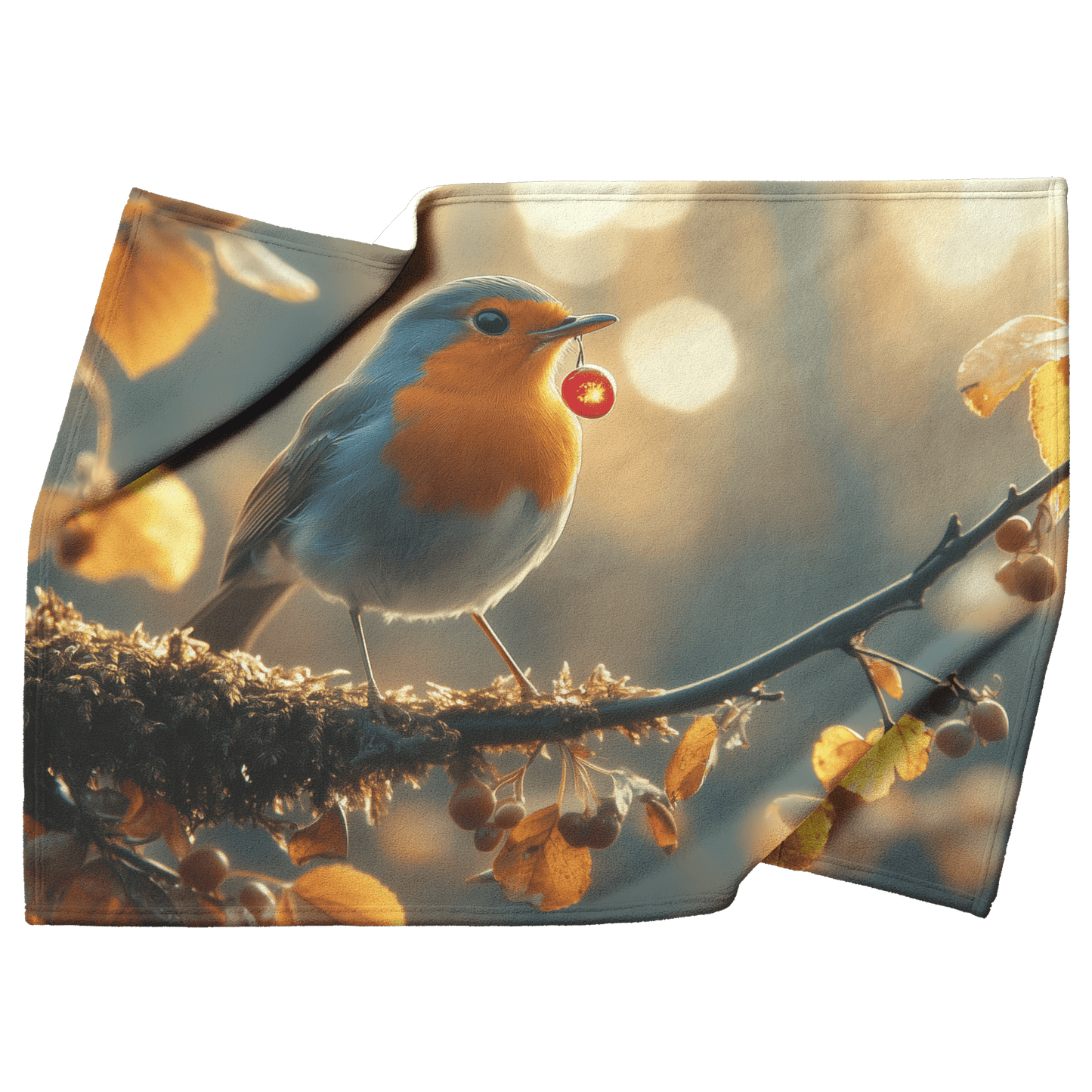 Robin Holding Glowing Berry Perched on Mossy Branch Surrounded by Shimmering Autumn Leaves Under Soft Light Fleece Sherpa Blanket - Awakening Righteousness