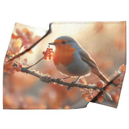 Robin Holding Glowing Berry Perched on Mossy Branch Surrounded by Shimmering Autumn Leaves Under Soft Light Fleece Sherpa Blanket - Awakening Righteousness