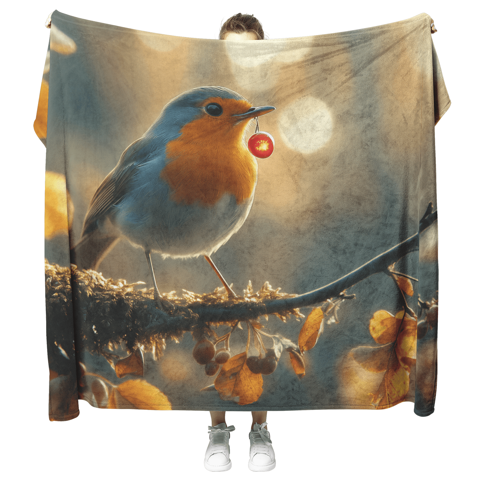 Robin Holding Glowing Berry Perched on Mossy Branch Surrounded by Shimmering Autumn Leaves Under Soft Light Fleece Sherpa Blanket - Awakening Righteousness