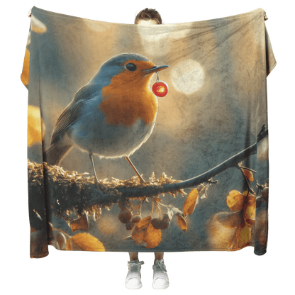 Robin Holding Glowing Berry Perched on Mossy Branch Surrounded by Shimmering Autumn Leaves Under Soft Light Fleece Sherpa Blanket - Awakening Righteousness