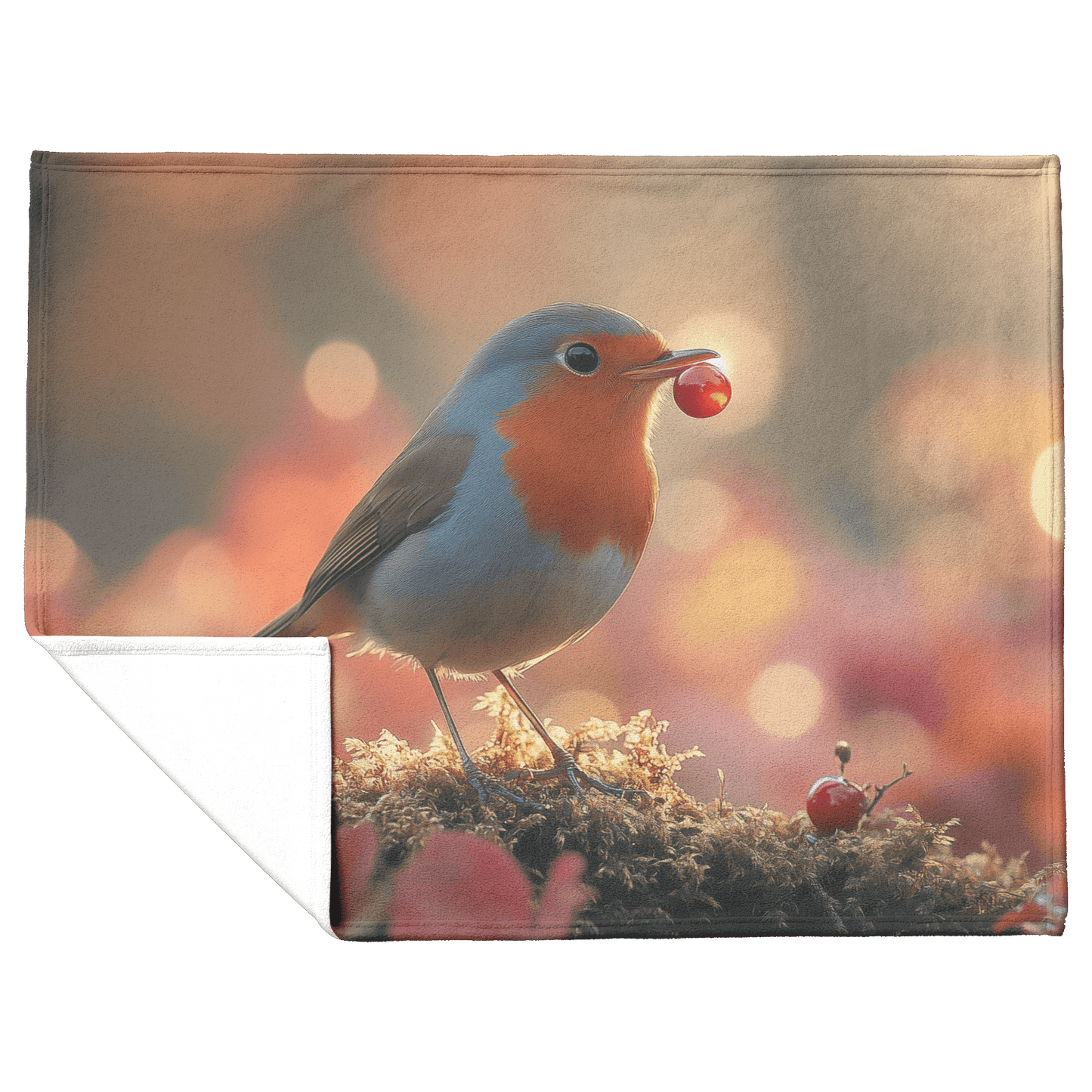 Robin Holding Glowing Berry Perched on Mossy Branch Surrounded by Shimmering Autumn Leaves Under Soft Light Fleece Sherpa Blanket - Awakening Righteousness