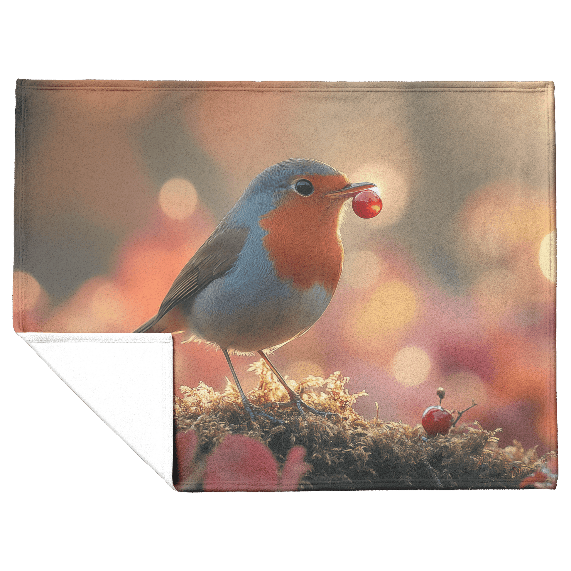 Robin Holding Glowing Berry Perched on Mossy Branch Surrounded by Shimmering Autumn Leaves Under Soft Light Fleece Sherpa Blanket - Awakening Righteousness