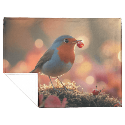 Robin Holding Glowing Berry Perched on Mossy Branch Surrounded by Shimmering Autumn Leaves Under Soft Light Fleece Sherpa Blanket - Awakening Righteousness