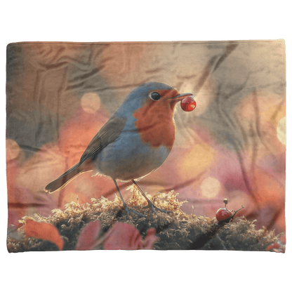 Robin Holding Glowing Berry Perched on Mossy Branch Surrounded by Shimmering Autumn Leaves Under Soft Light Fleece Sherpa Blanket - Awakening Righteousness