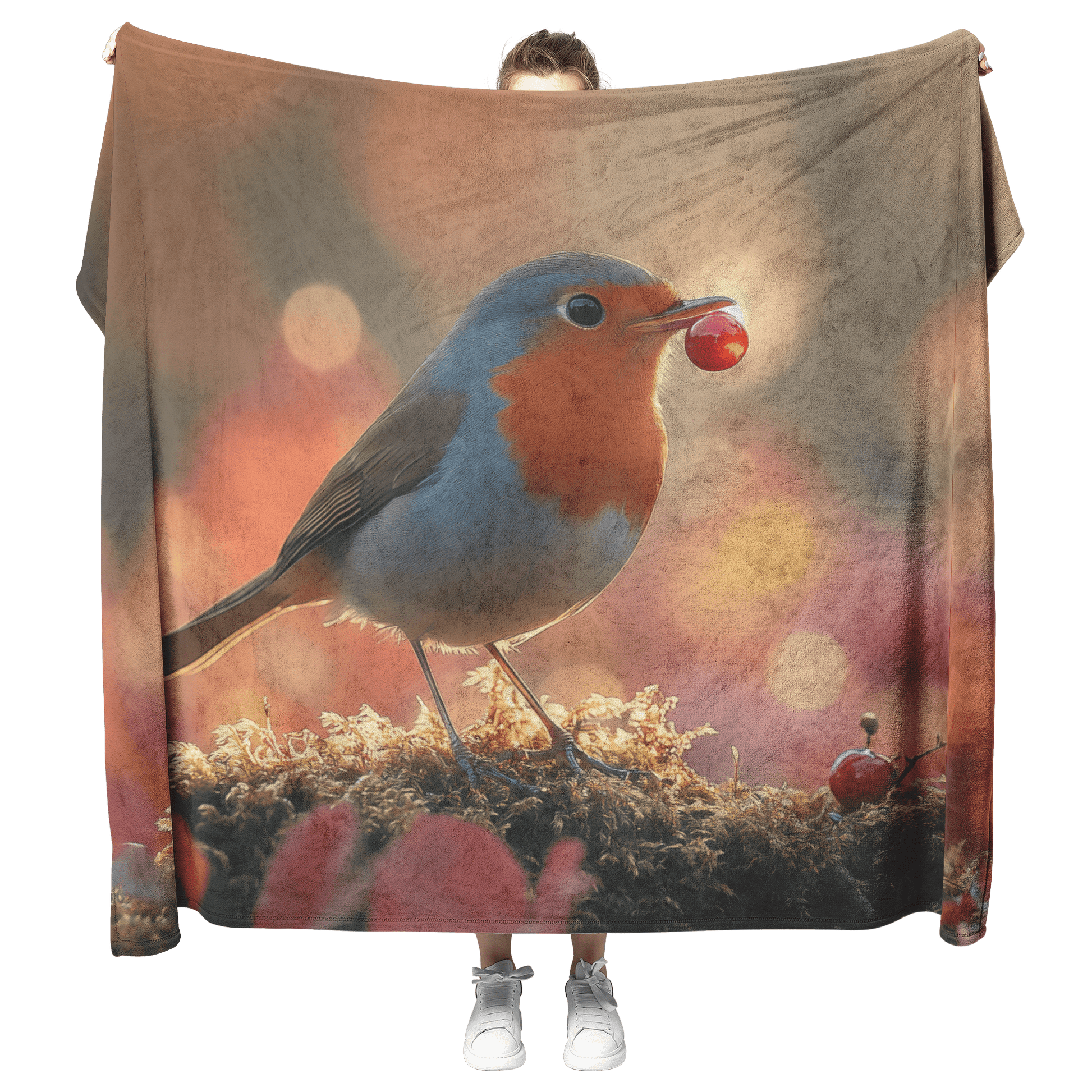 Robin Holding Glowing Berry Perched on Mossy Branch Surrounded by Shimmering Autumn Leaves Under Soft Light Fleece Sherpa Blanket - Awakening Righteousness
