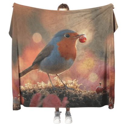 Robin Holding Glowing Berry Perched on Mossy Branch Surrounded by Shimmering Autumn Leaves Under Soft Light Fleece Sherpa Blanket - Awakening Righteousness