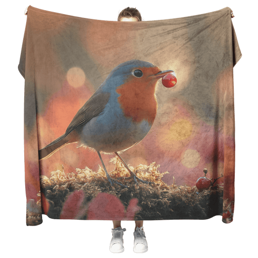 Robin Holding Glowing Berry Perched on Mossy Branch Surrounded by Shimmering Autumn Leaves Under Soft Light Fleece Sherpa Blanket - Awakening Righteousness