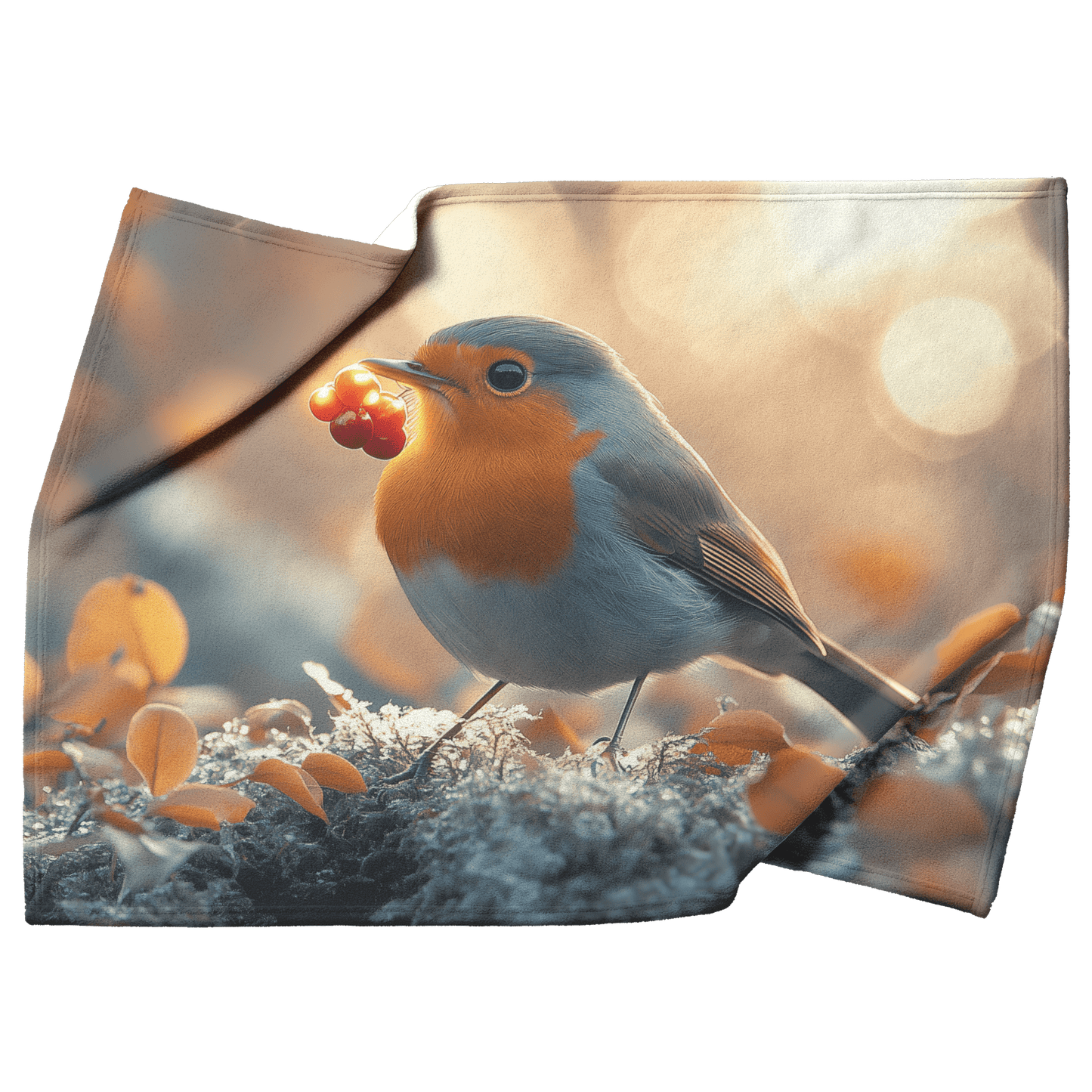 Robin Holding Glowing Berry Perched on Mossy Branch Surrounded by Shimmering Autumn Leaves Under Soft Light Fleece Sherpa Blanket - Awakening Righteousness