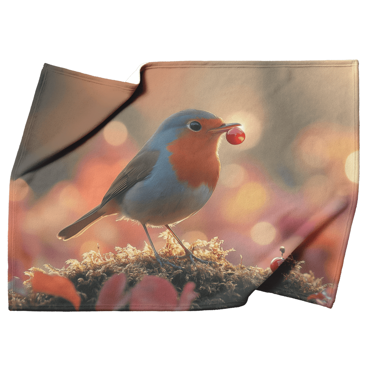 Robin Holding Glowing Berry Perched on Mossy Branch Surrounded by Shimmering Autumn Leaves Under Soft Light Fleece Sherpa Blanket - Awakening Righteousness