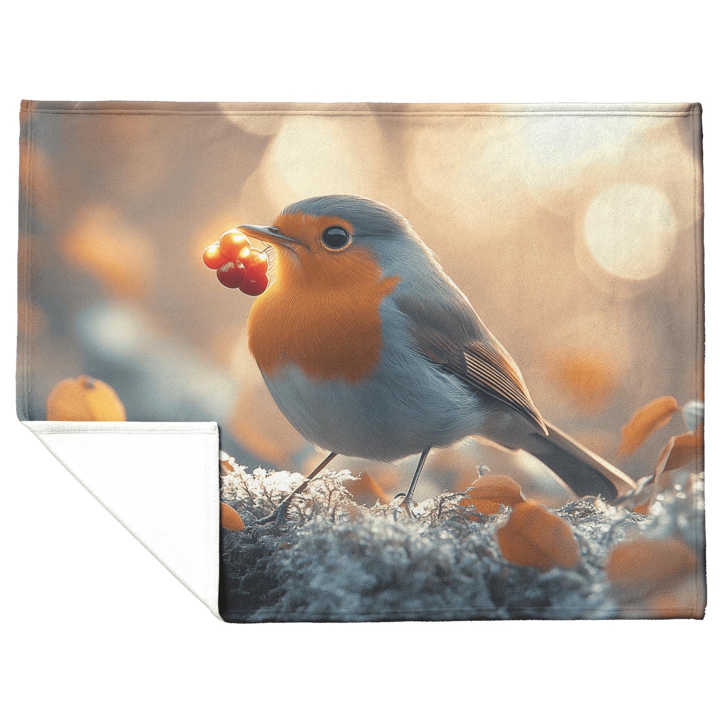 Robin Holding Glowing Berry Perched on Mossy Branch Surrounded by Shimmering Autumn Leaves Under Soft Light Fleece Sherpa Blanket - Awakening Righteousness