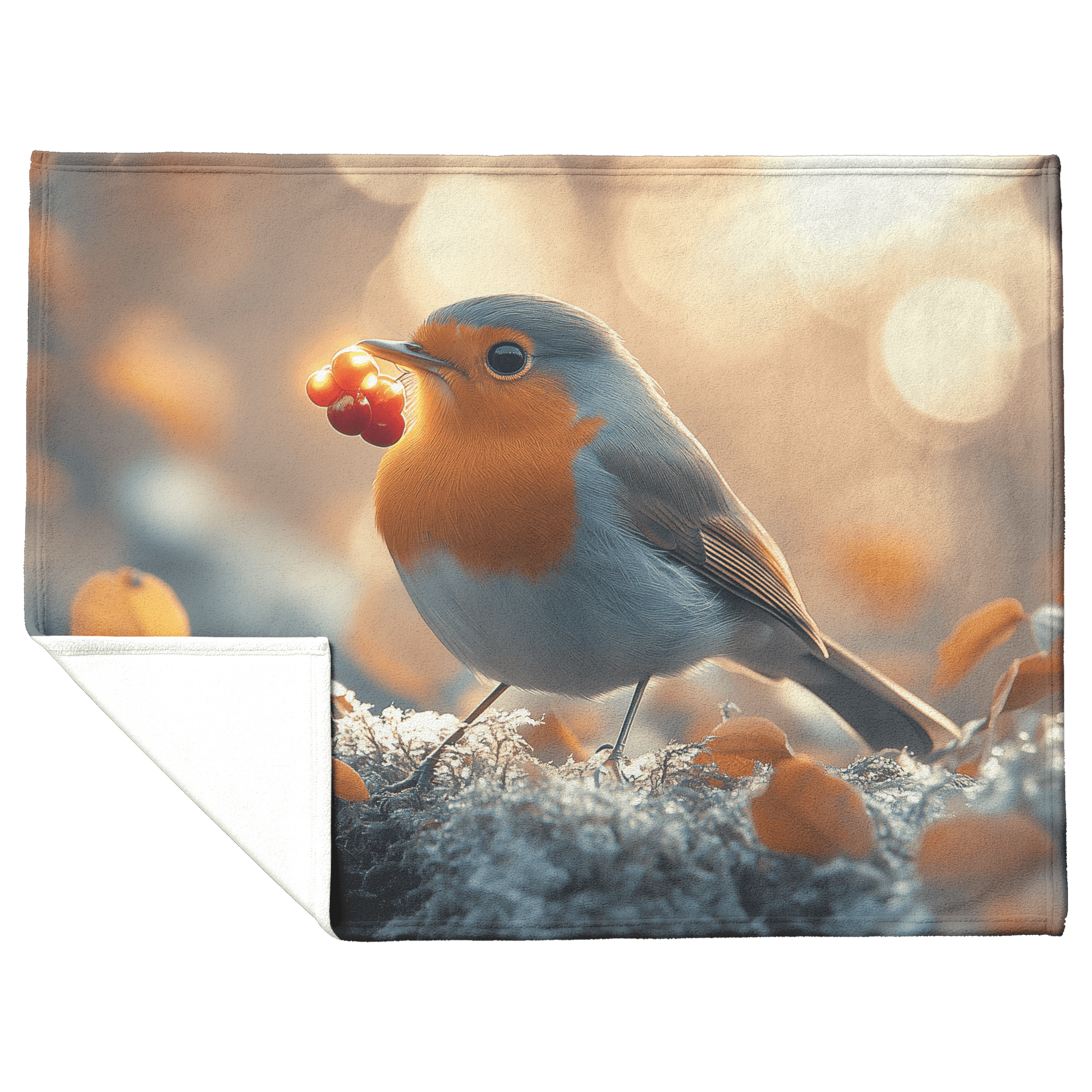 Robin Holding Glowing Berry Perched on Mossy Branch Surrounded by Shimmering Autumn Leaves Under Soft Light Fleece Sherpa Blanket - Awakening Righteousness