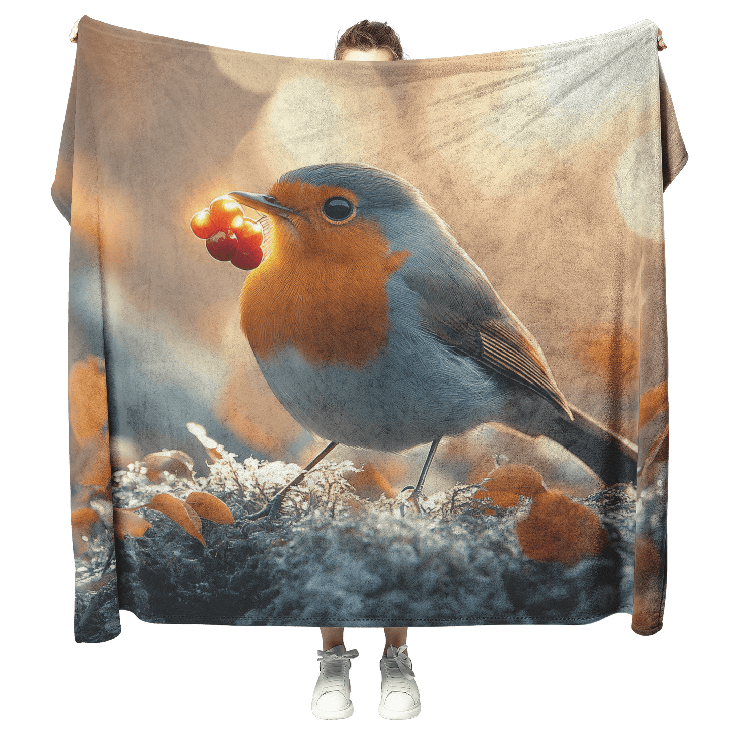 Robin Holding Glowing Berry Perched on Mossy Branch Surrounded by Shimmering Autumn Leaves Under Soft Light Fleece Sherpa Blanket - Awakening Righteousness