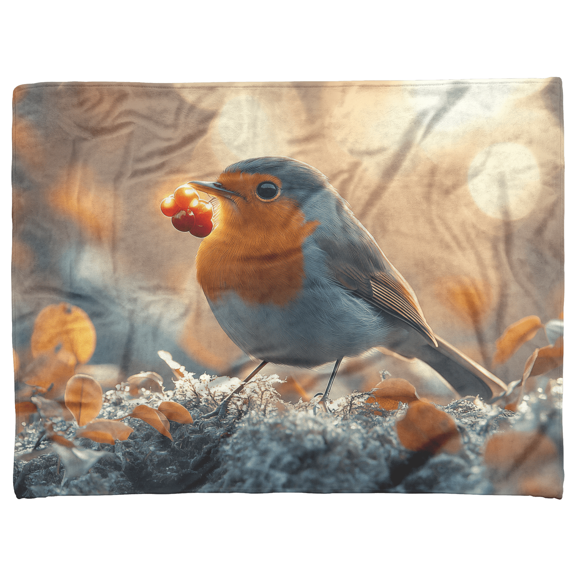 Robin Holding Glowing Berry Perched on Mossy Branch Surrounded by Shimmering Autumn Leaves Under Soft Light Fleece Sherpa Blanket - Awakening Righteousness