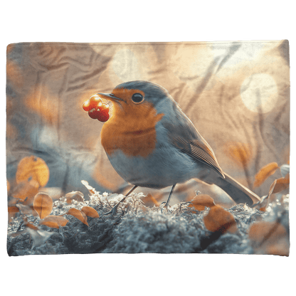Robin Holding Glowing Berry Perched on Mossy Branch Surrounded by Shimmering Autumn Leaves Under Soft Light Fleece Sherpa Blanket - Awakening Righteousness