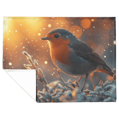 Robin Hopping Through Glowing Snowy Meadow Surrounded by Frost Covered Plants Under Star Filled Night Sky Fleece Sherpa Blanket - Awakening Righteousness