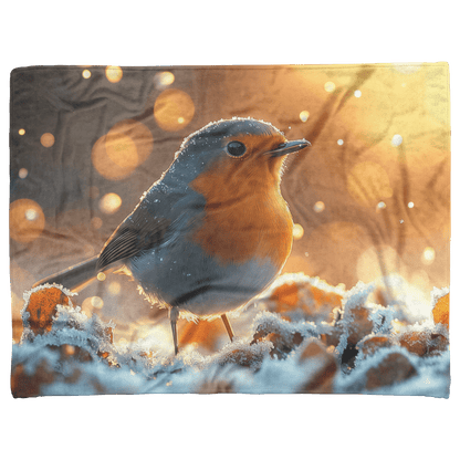 Robin Hopping Through Glowing Snowy Meadow Surrounded by Frost Covered Plants Under Star Filled Night Sky Fleece Sherpa Blanket - Awakening Righteousness