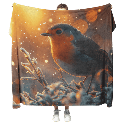 Robin Hopping Through Glowing Snowy Meadow Surrounded by Frost Covered Plants Under Star Filled Night Sky Fleece Sherpa Blanket - Awakening Righteousness