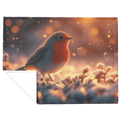 Robin Hopping Through Glowing Snowy Meadow Surrounded by Frost Covered Plants Under Star Filled Night Sky Fleece Sherpa Blanket - Awakening Righteousness