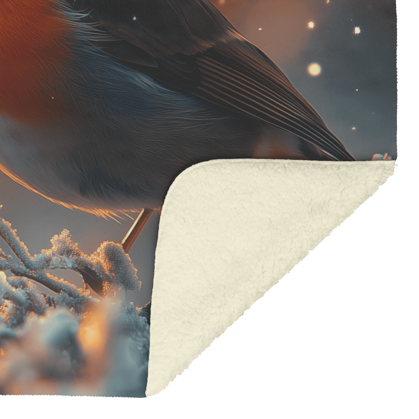 Robin Hopping Through Glowing Snowy Meadow Surrounded by Frost Covered Plants Under Star Filled Night Sky Fleece Sherpa Blanket - Awakening Righteousness