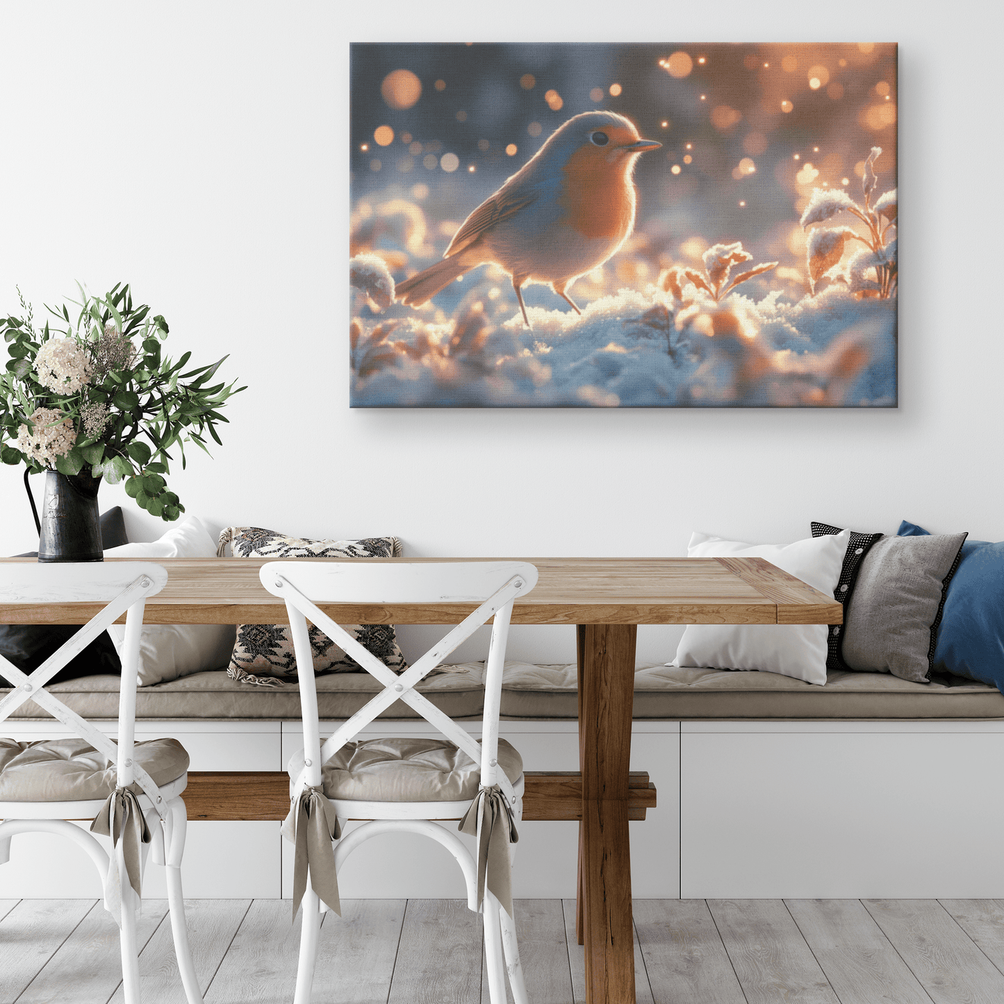 Robin Hopping Through Glowing Snowy Meadow With Frost Covered Plants Under Star Filled Night Sky Canvas Wall Art Decor - Awakening Righteousness