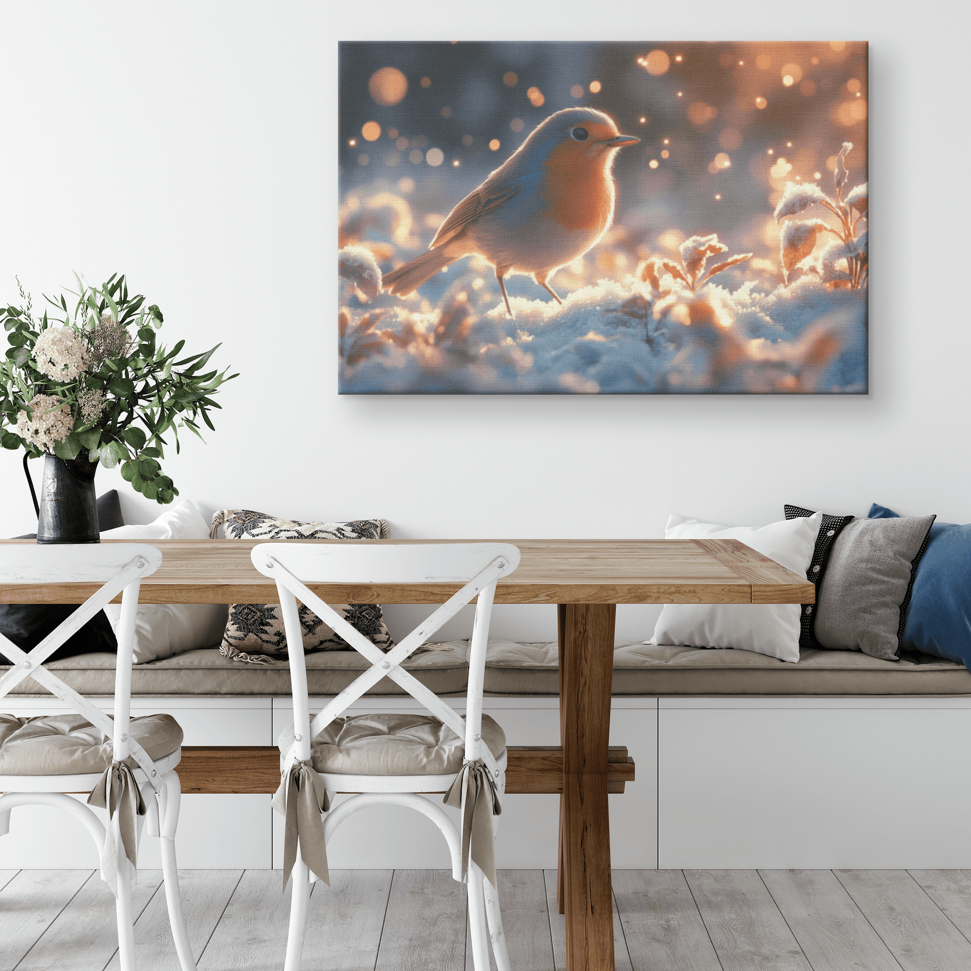 Robin Hopping Through Glowing Snowy Meadow With Frost Covered Plants Under Star Filled Night Sky Canvas Wall Art Decor - Awakening Righteousness