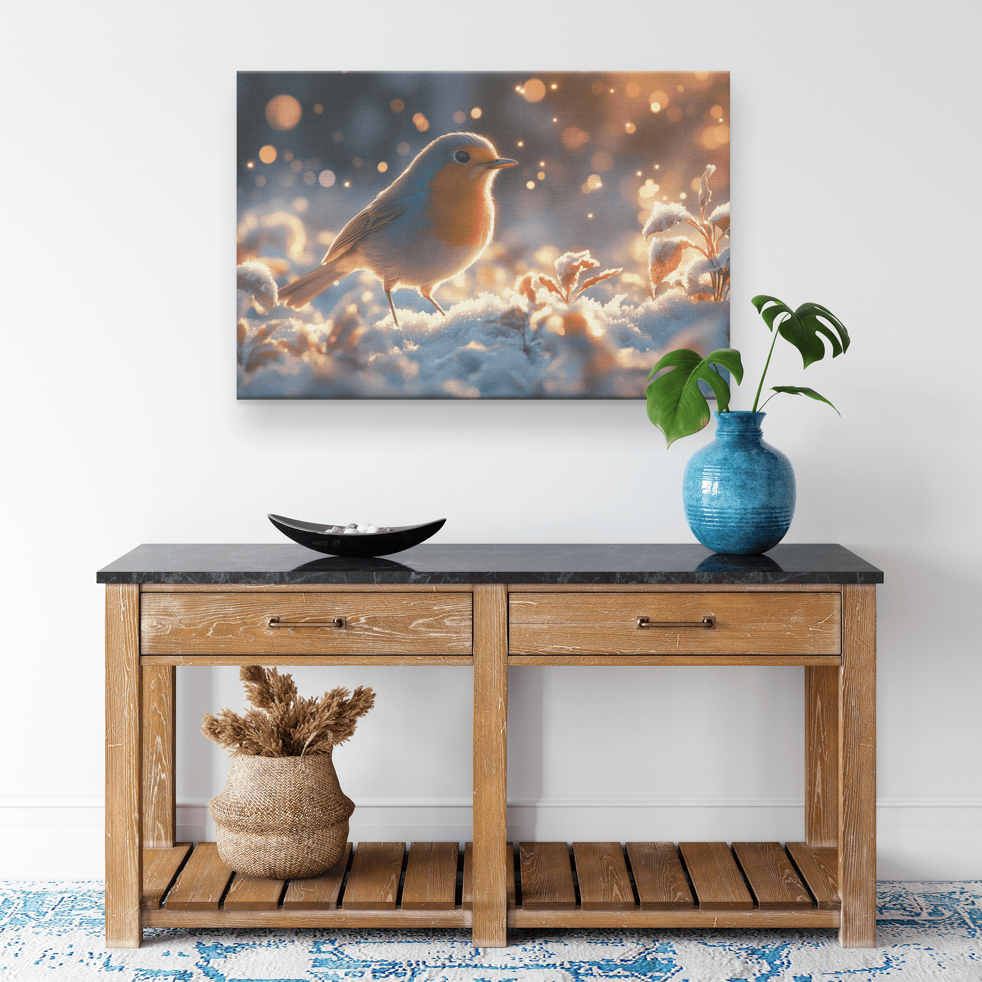 Robin Hopping Through Glowing Snowy Meadow With Frost Covered Plants Under Star Filled Night Sky Canvas Wall Art Decor - Awakening Righteousness