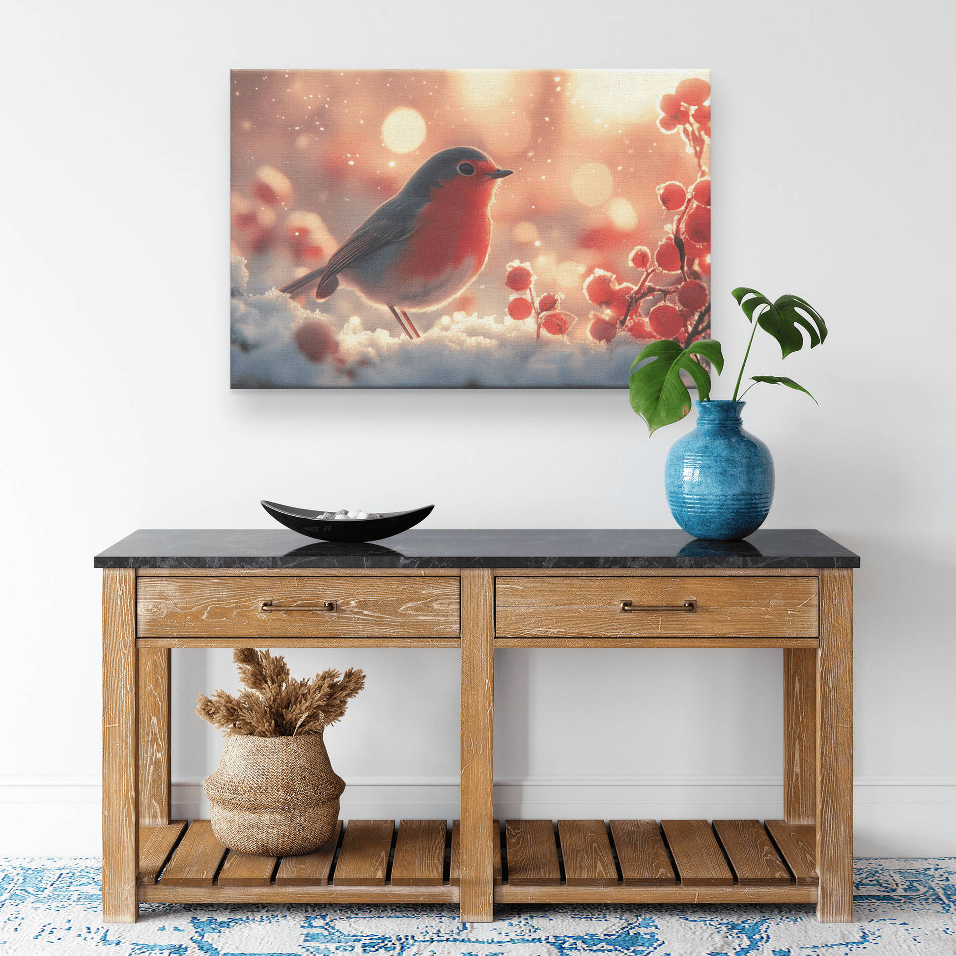 Robin Hopping Through Glowing Snowy Meadow With Frost Covered Plants Under Star Filled Night Sky Canvas Wall Art Decor - Awakening Righteousness