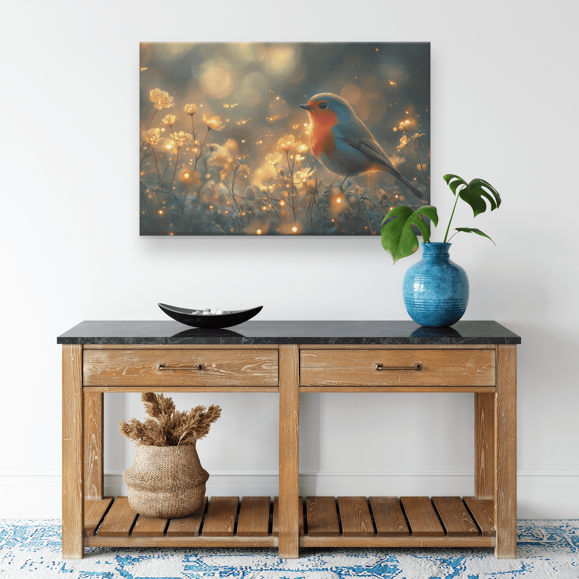 Robin In Glowing Forest Meadow With Bioluminescent Flowers And Fireflies Under Twilight Skies Canvas Wall Art Decor - Awakening Righteousness