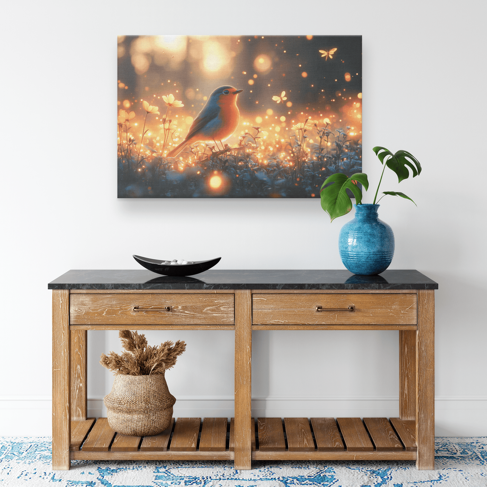 Robin In Glowing Forest Meadow With Bioluminescent Flowers And Fireflies Under Twilight Skies Canvas Wall Art Decor - Awakening Righteousness