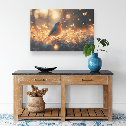 Robin In Glowing Forest Meadow With Bioluminescent Flowers And Fireflies Under Twilight Skies Canvas Wall Art Decor - Awakening Righteousness
