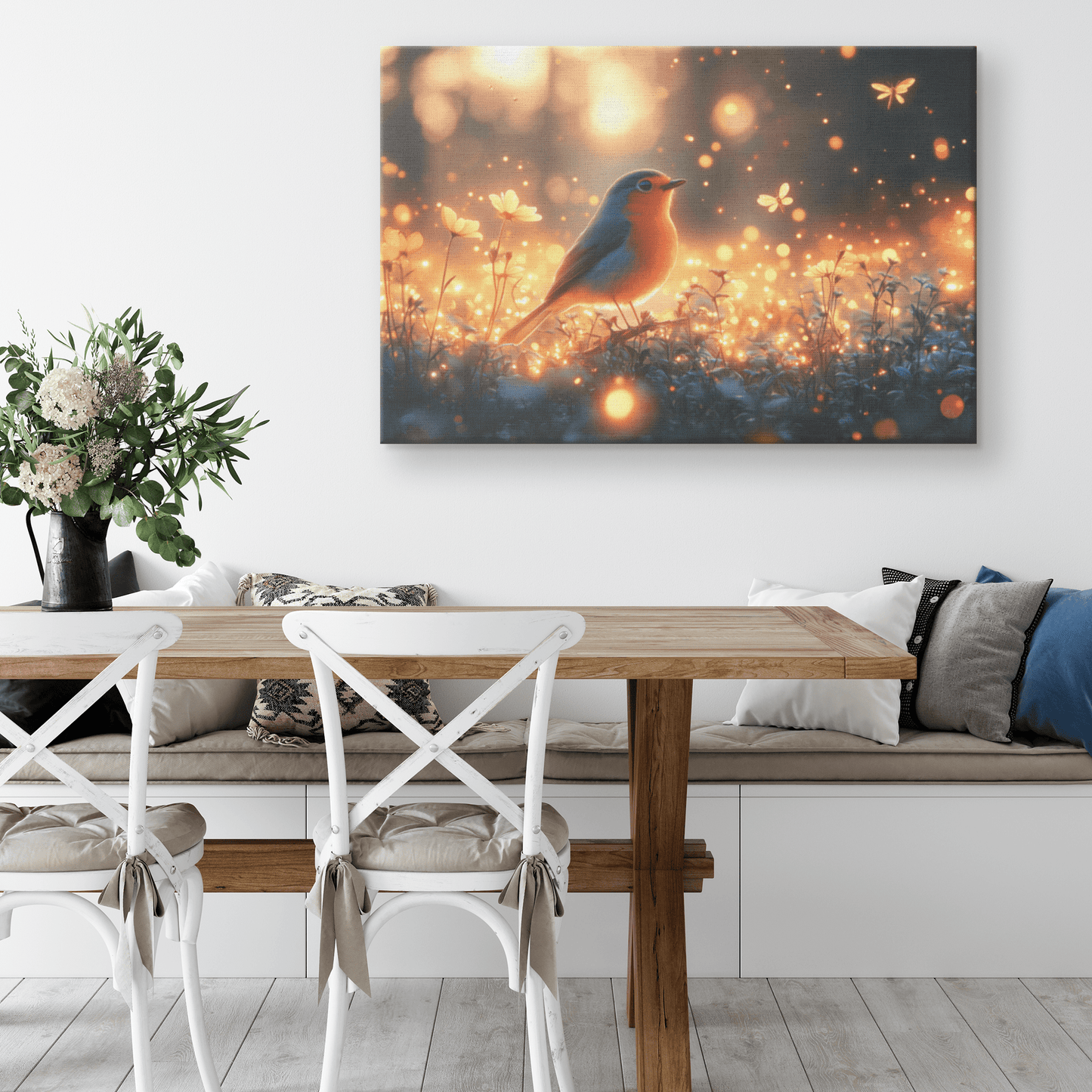 Robin In Glowing Forest Meadow With Bioluminescent Flowers And Fireflies Under Twilight Skies Canvas Wall Art Decor - Awakening Righteousness