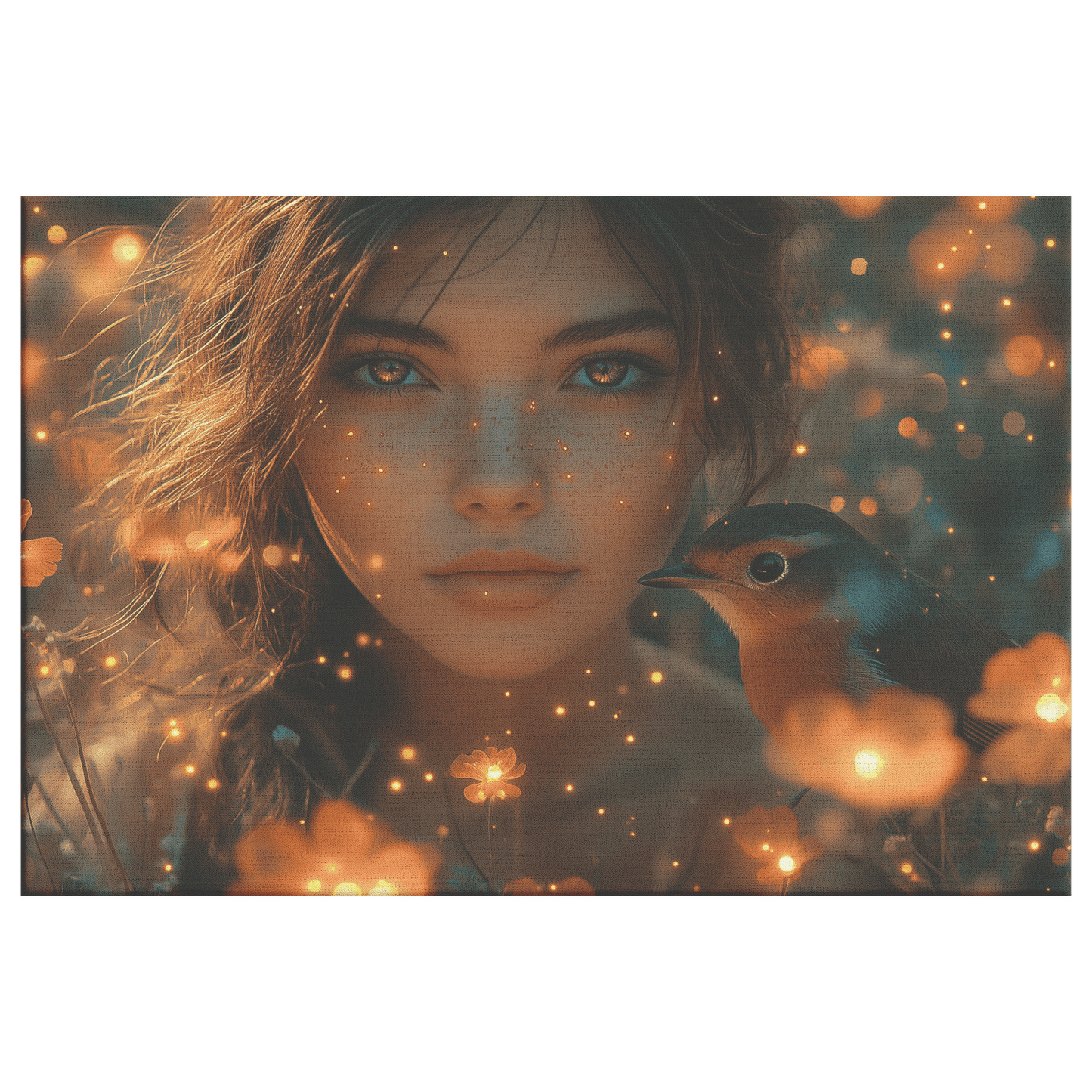 Robin In Glowing Forest Meadow With Girl Bioluminescent Flowers And Fireflies Under Twilight Skies Canvas Wall Art Decor - Awakening Righteousness