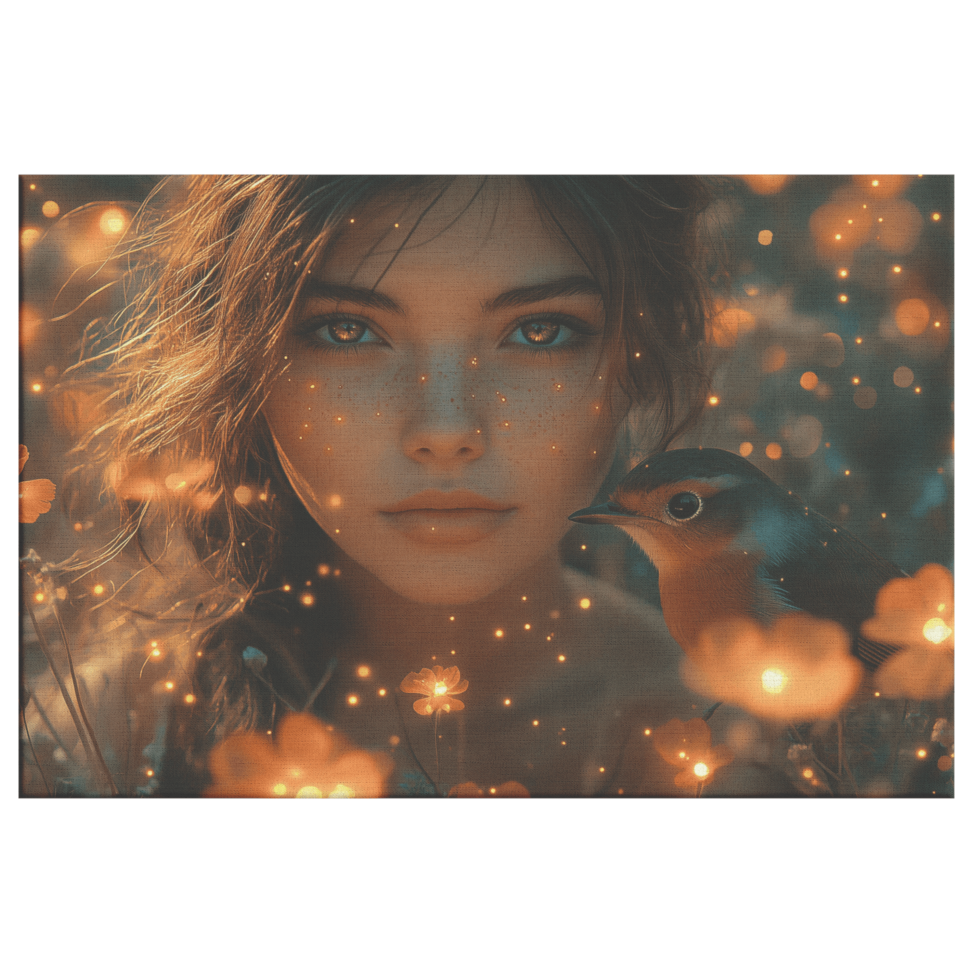 Robin In Glowing Forest Meadow With Girl Bioluminescent Flowers And Fireflies Under Twilight Skies Canvas Wall Art Decor - Awakening Righteousness
