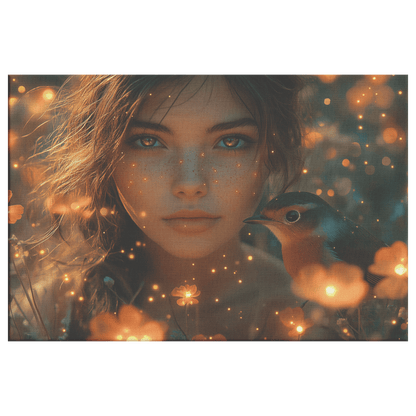 Robin In Glowing Forest Meadow With Girl Bioluminescent Flowers And Fireflies Under Twilight Skies Canvas Wall Art Decor - Awakening Righteousness