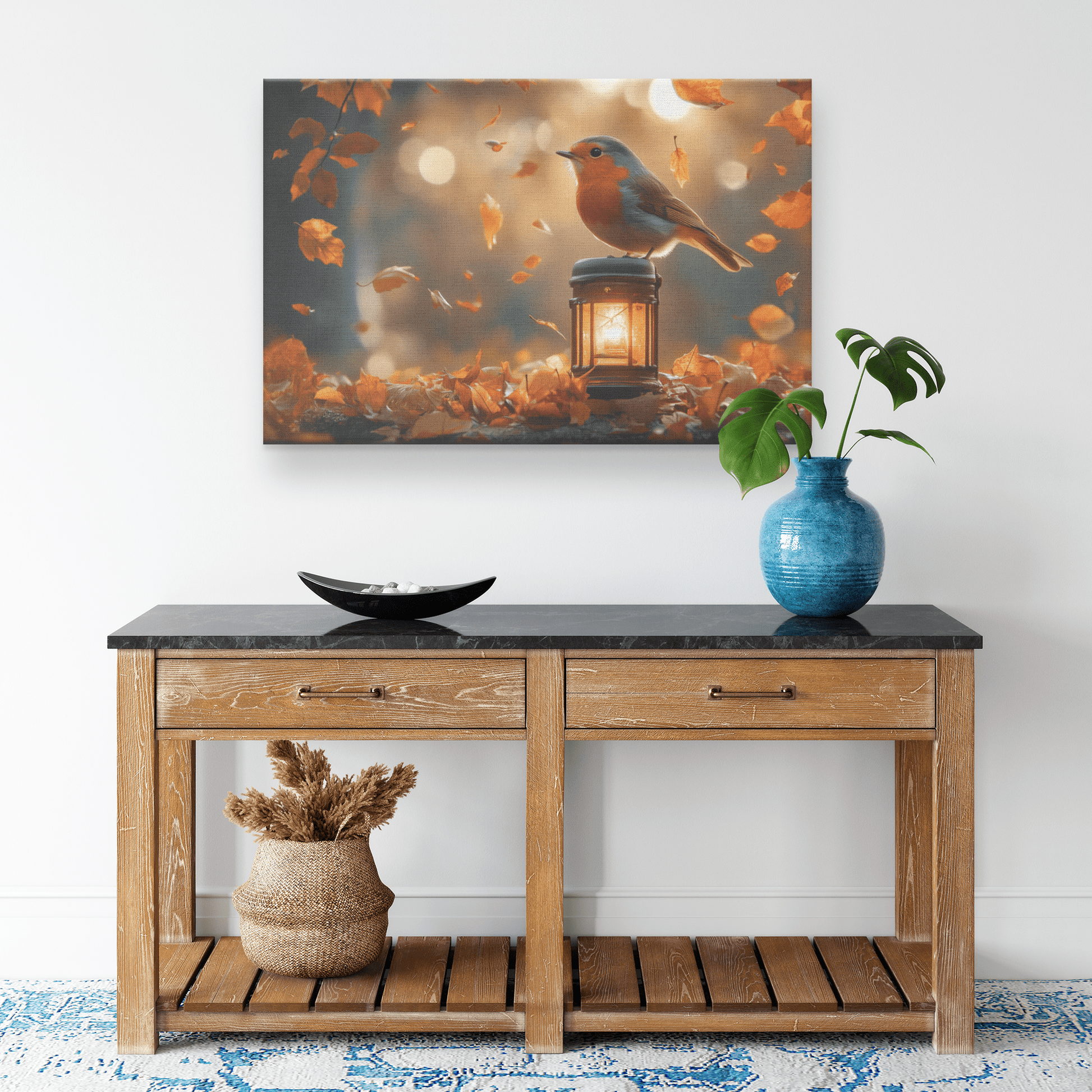 Robin Perched On Glowing Lantern Surrounded By Falling Autumn Leaves In Magical Woodland Clearing Canvas Wall Art Decor - Awakening Righteousness