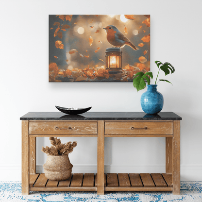 Robin Perched On Glowing Lantern Surrounded By Falling Autumn Leaves In Magical Woodland Clearing Canvas Wall Art Decor - Awakening Righteousness