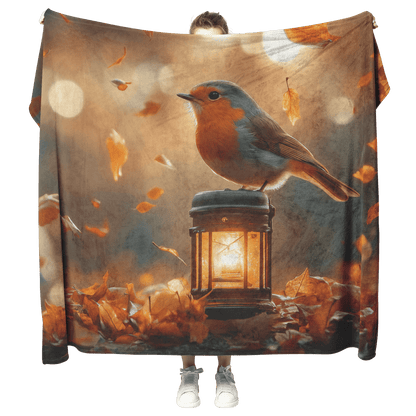 Robin Perched on Glowing Lantern Surrounded by Falling Autumn Leaves in Magical Woodland Clearing Fleece Sherpa Blanket - Awakening Righteousness