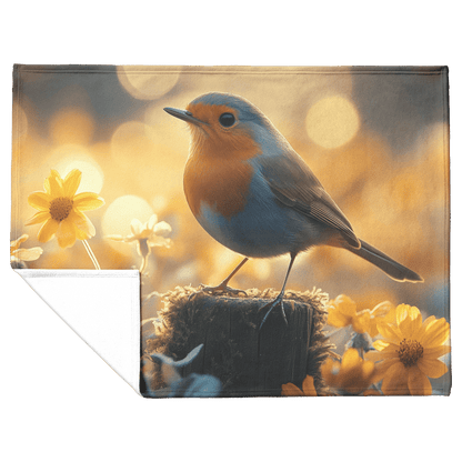 Robin Singing on Glowing Fence Post Surrounded by Golden Morning Mist and Vibrant Wildflowers Fleece Sherpa Blanket - Awakening Righteousness