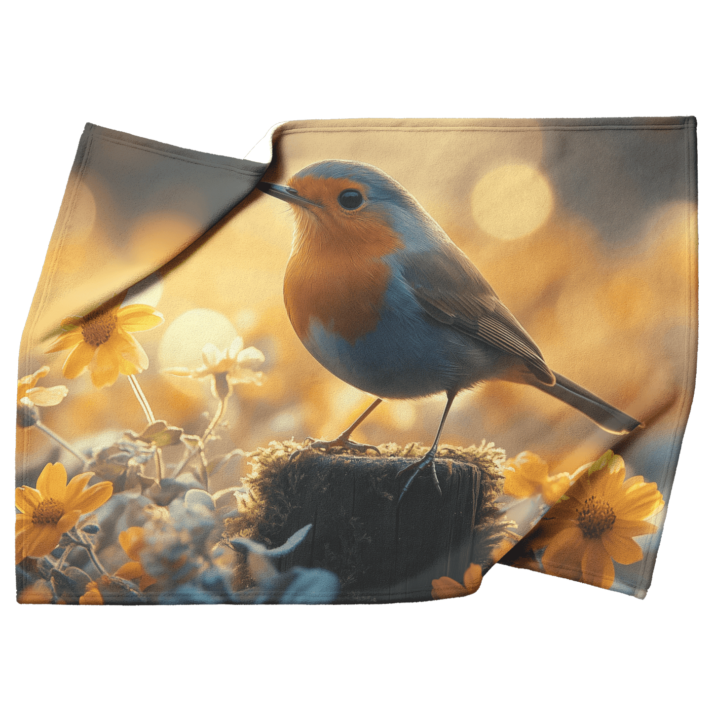 Robin Singing on Glowing Fence Post Surrounded by Golden Morning Mist and Vibrant Wildflowers Fleece Sherpa Blanket - Awakening Righteousness