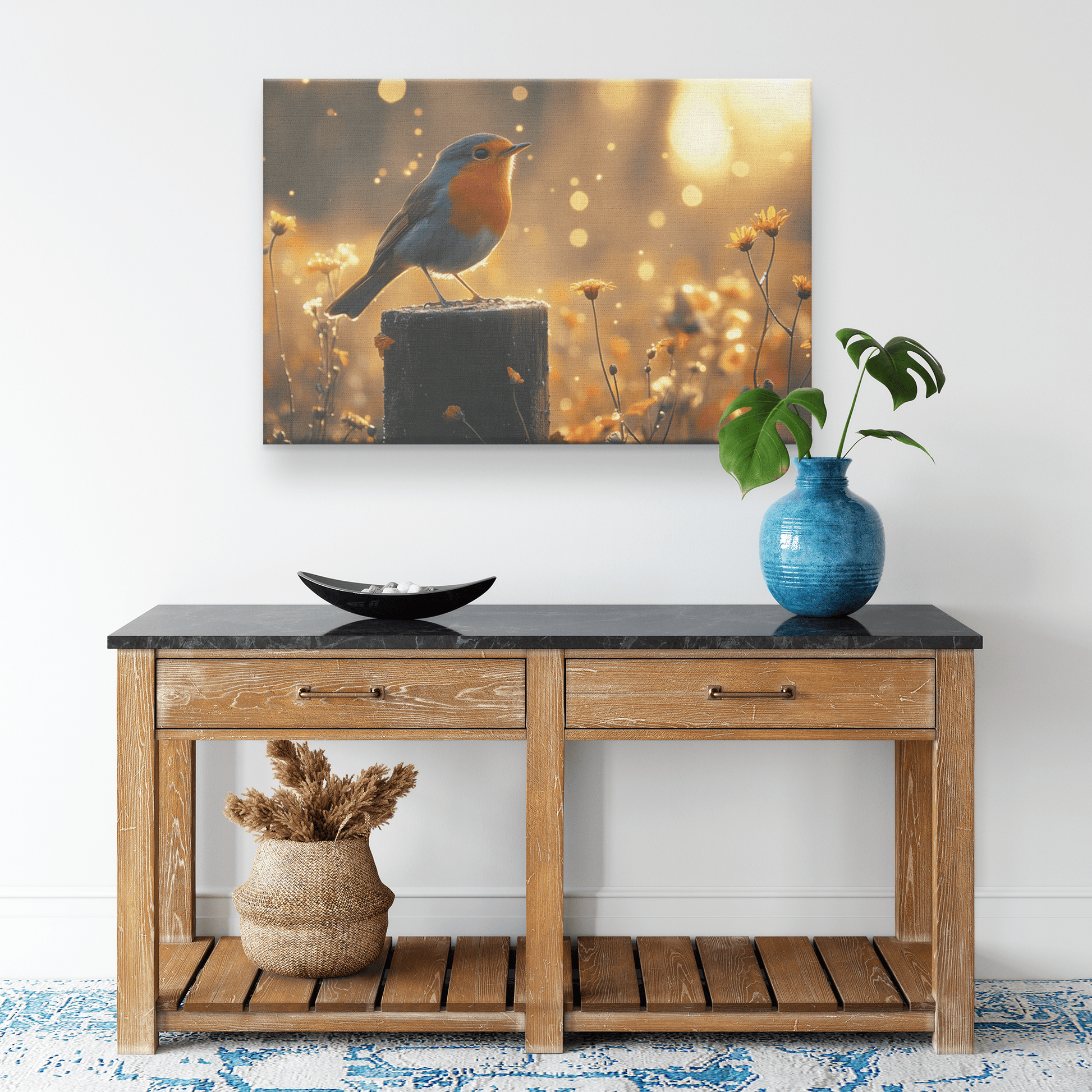 Robin Singing On Glowing Fence Post With Golden Morning Mist And Vibrant Wildflowers Canvas Wall Art Decor - Awakening Righteousness